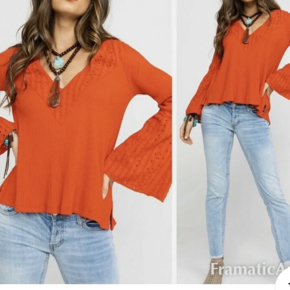 Free People XS Parisian Nights Eyelet Lace, Thermal Blouse